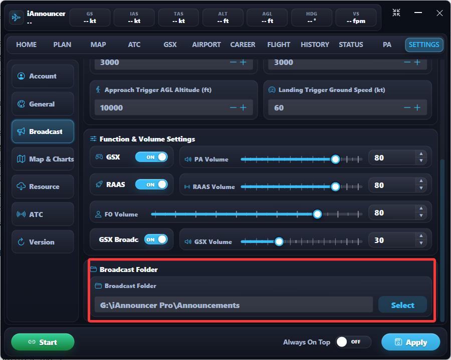 iAnnouncer Pro settings screen showing the Broadcast Folder path and Select button
