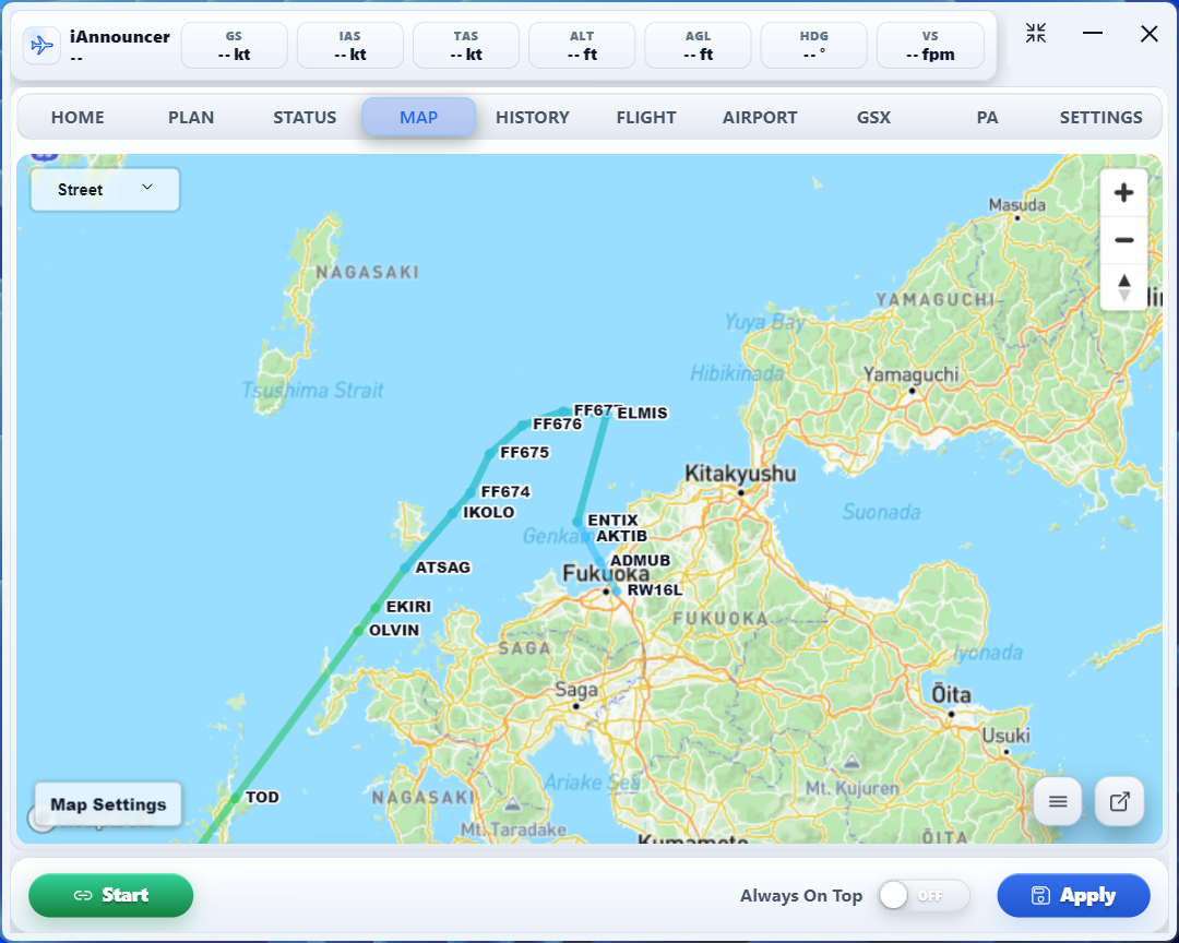 SimBrief live route displayed on the iAnnouncer Pro map