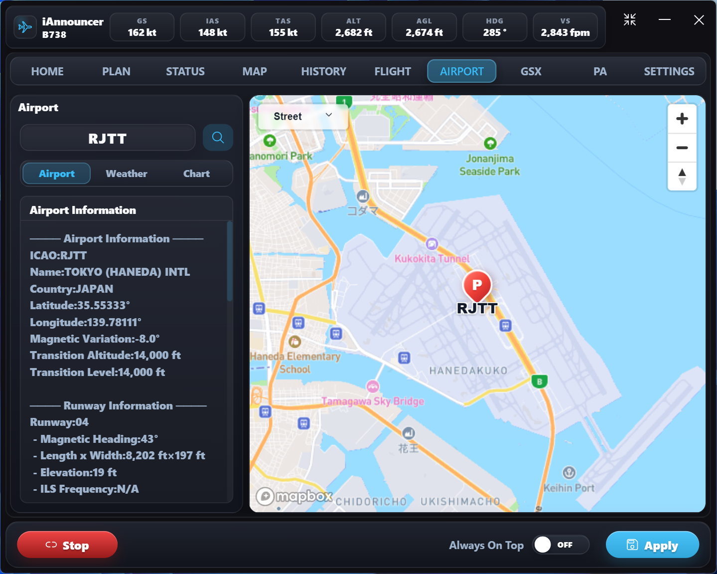 iAnnouncer Pro airport information and map screen