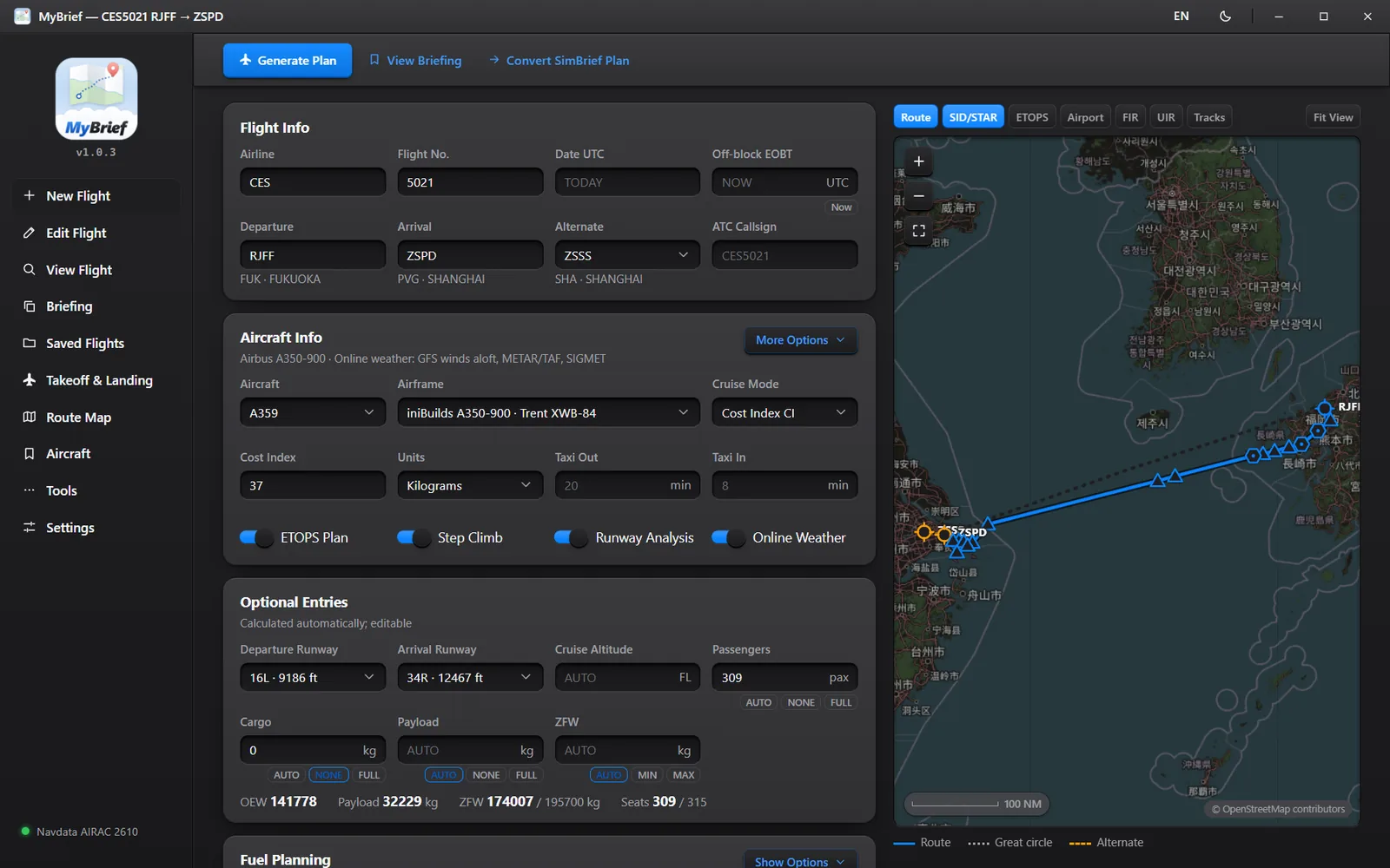MyBrief new flight form with route map